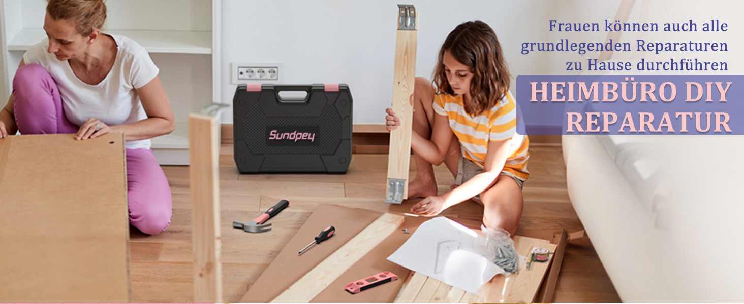 Набір інструментів Sundpey 281 предметів в кейсі рожевого кольору: набір гайкових ключів, викруток, шестигранників, плоскогубців