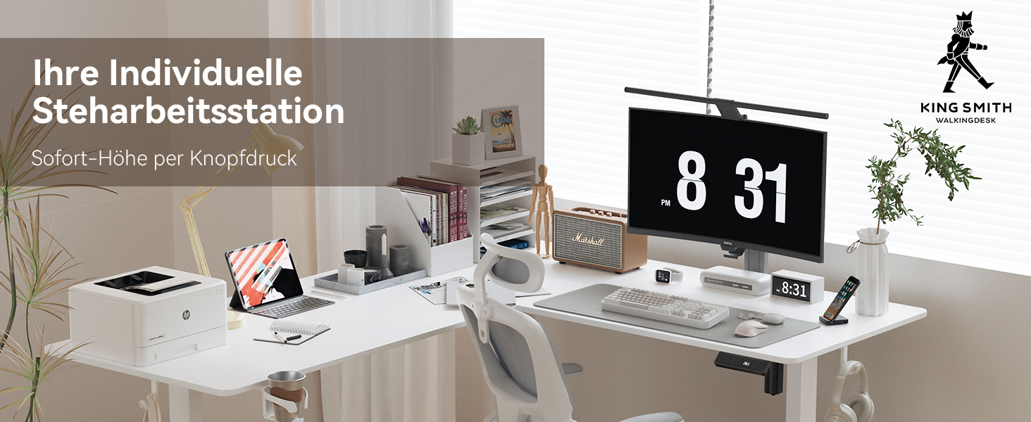 Електричний кутовий стіл L-подібної форми, 190 x 150 см. Регулювання висоти, стіл для офісу, ігровий стіл з керуванням кабелями, білий.