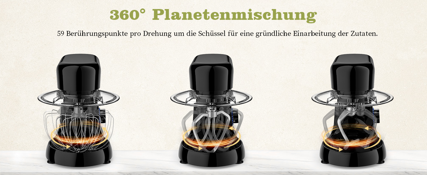 Кухонна машина Zuccie з тихою роботою, 5л чаша з нержавіючої сталі, 3 насадки, сплітц-захист, скребок для тіста та роздільник яєць, 8+P швидкості, для приготування тіста (білий/чорний)