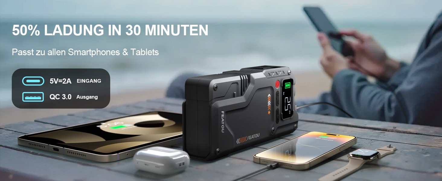 Powerbank з компресором Starthilfe 6500A: автостартер 12V для легкових автомобілів з повітряним насосом, бустер-акумулятор (для 9.0L бензину/8.5L дизеля) з пусковими кабелями, LED ліхтар 500 люмен (чорний), піковий струм 6500A