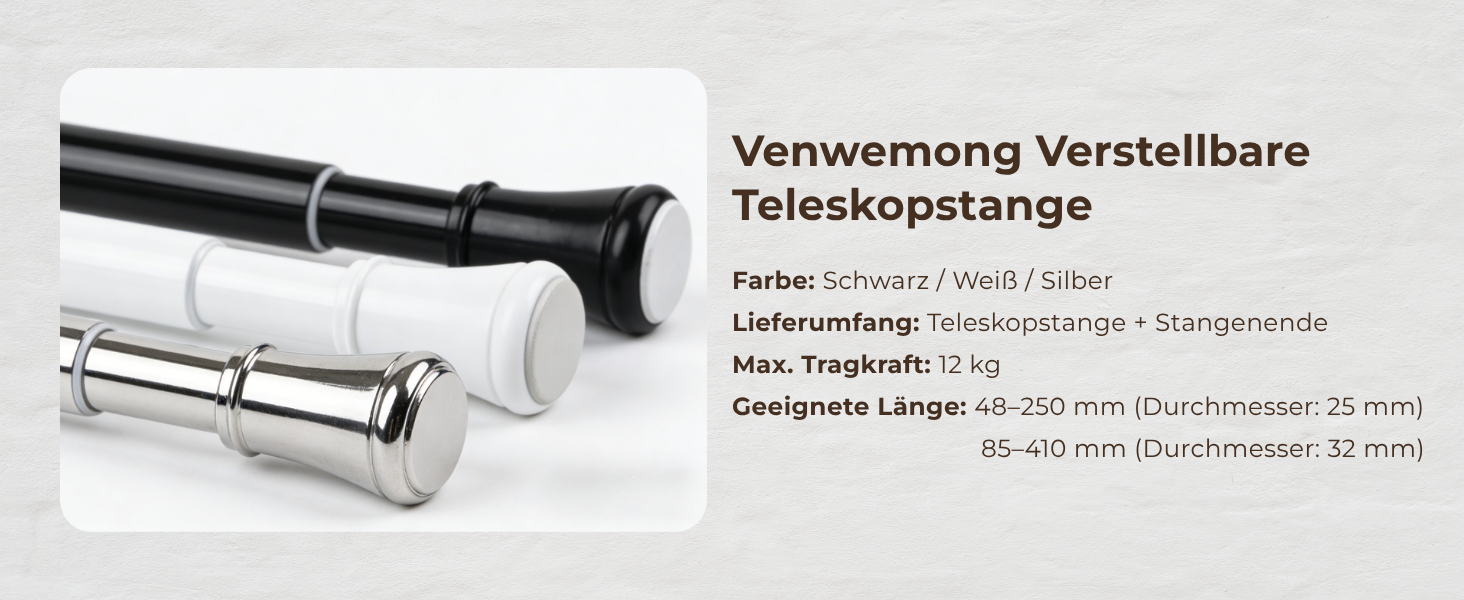 Телескопічний карниз для штор без свердління та гвинтів, розсувна штанга для ванної кімнати та гардероба, біла, 85-265 см (Ø 32 мм)