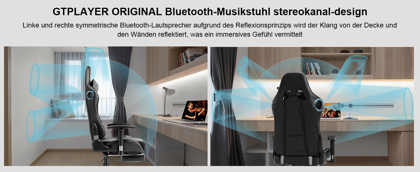Ігровий крісло GTPLAYER з підніжкою, динаміками та Bluetooth, чорно-сірий офісний/комп'ютерний стілець для дому та офісу