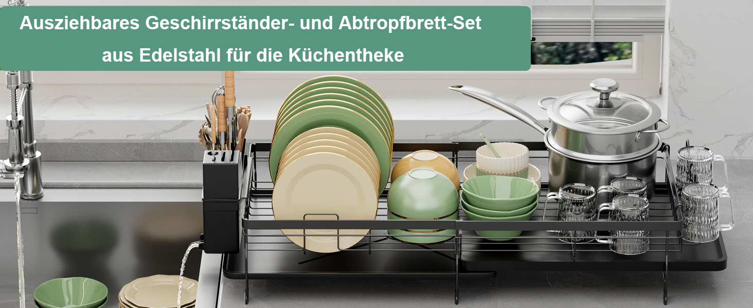 Сушарка для посуду ROTTOGOON розширювана, чорна: складана стійка з нержавіючої сталі, зливний жолоб та відділення для столових приборів