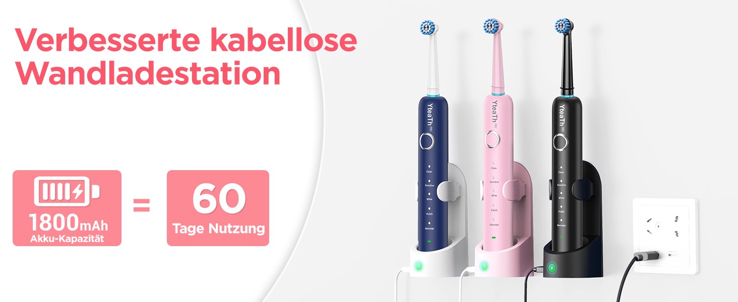 Електрична зубна щітка ротаційного типу для дорослих та дітей з 8 насадок, зарядний пристрій з підставкою на стіну, 5 режимів чищення та дорожній футляр, 60 днів роботи від акумулятора (рожевий)