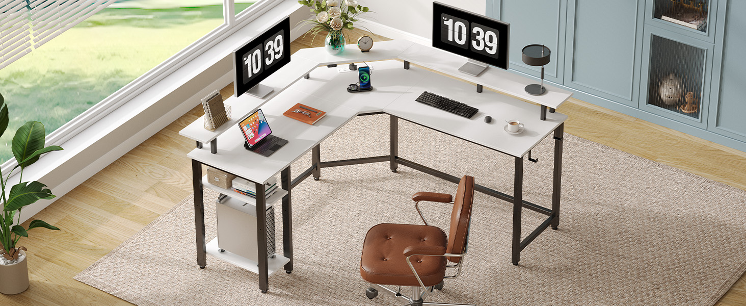 Комп'ютерний стіл Rolanstar L-подібний з RGB підсвічуванням та розетками, геймінговий стіл з полицею та гачками, для офісу, робочого кабінету, спальні (білий, 137 см), 137 x 137 x 87 см