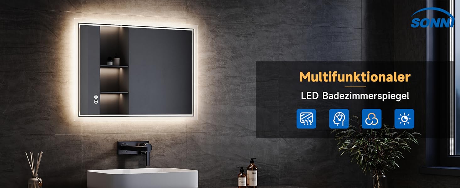 Дзеркало для ванної кімнати SONNI з підсвічуванням 80x60 см, 3 кольори світла, проти запотівання, LED, сенсорне керування, годинник, температура, 3x збільшення