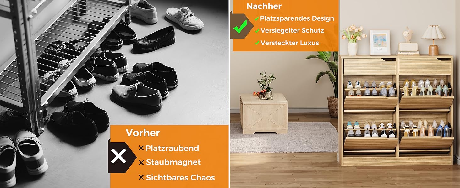 Шкаф для взуття IRONCK з 4 дверцятами, вузький, з 2 висувними ящиками, окремо розташований, з регульованими перегородками, для прихожого, входу та вітальні (білий). Матеріал: дерево. Розміри: 100x23.5x98 см