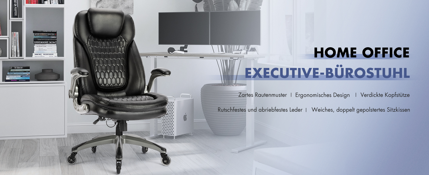 Крісло шеф COLAMY з дихаючої шкіри – ергономічне офісне крісло з пружинним блоком, відкидними підлокітниками та тихими роликами для дому та офісу, чорне