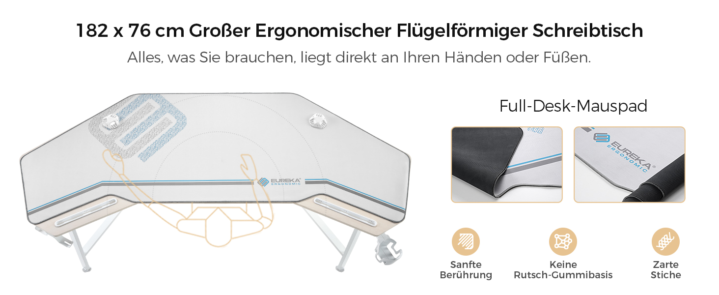 Ігровий стіл EUREKA ERGONOMIC 160x74 см з крилами, для ПК, з 2 відсіками для iPad, для дому, офісу, стрімінгу, білий акорн