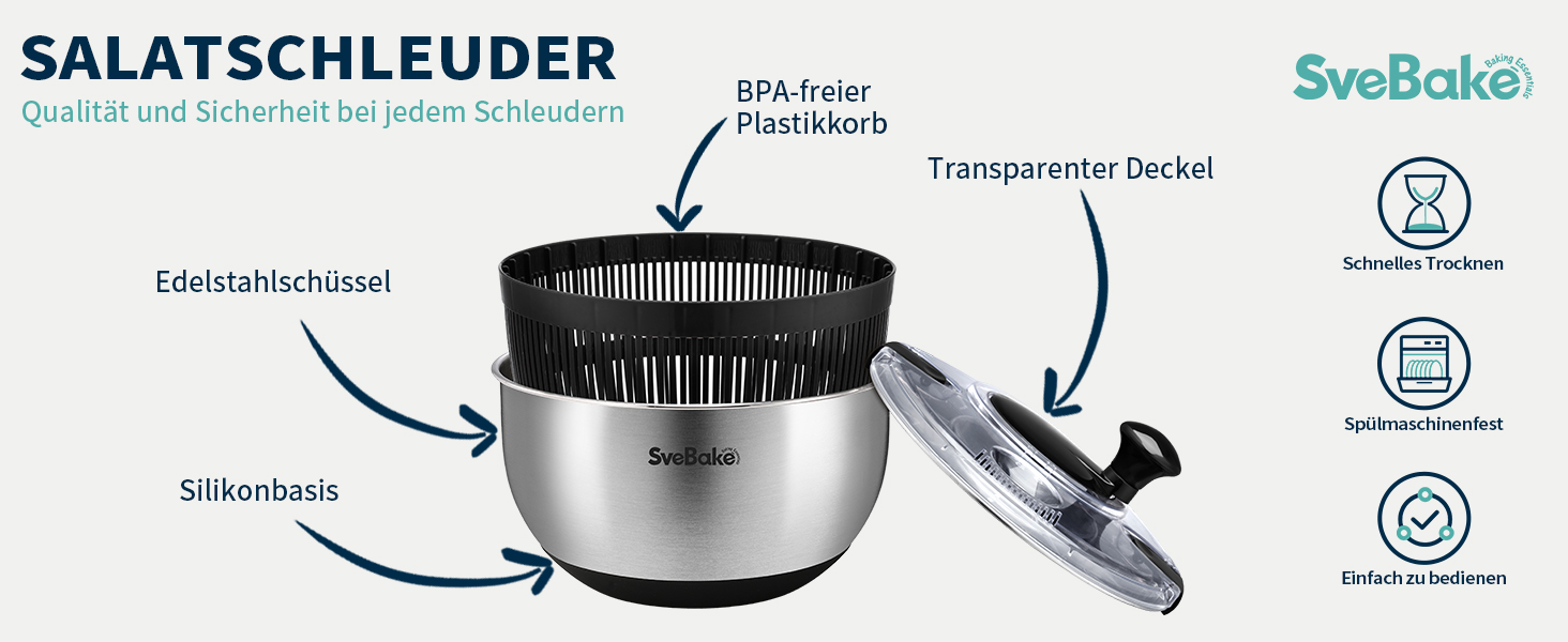 Салатниця-швидкоочисник з нержавіючої сталі 18/10 з ручним приводом та мискою об'ємом 4,5 літра, придатна для миття в посудомийній машині, чорний прозорий кришка