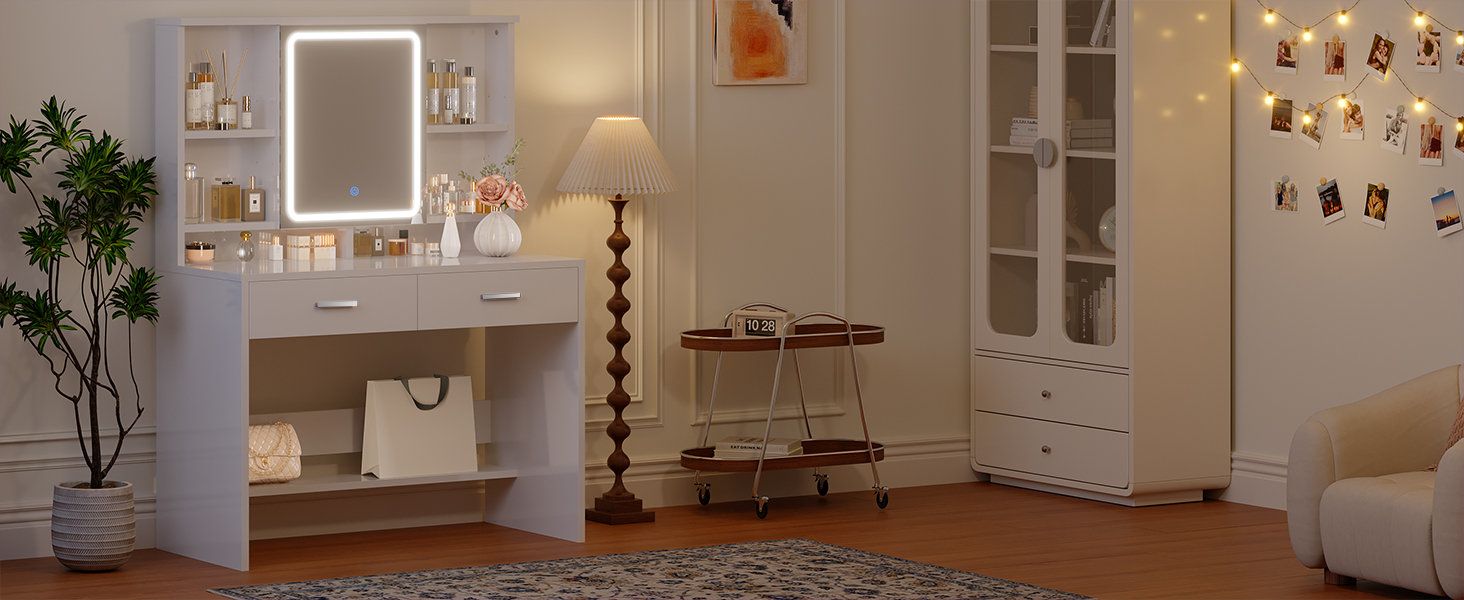 Трюмо JUMMICO з LED-підсвічуванням, дзеркалом та гачками для прикрас, 2 шухляди, 4 відкриті полиці, білий колір
