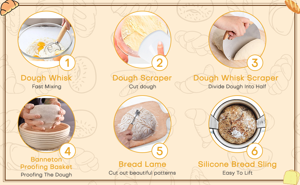 Набір для приготування закваски: кошик для бродіння (Banneton), скляна тара, ніж для хліба (Bread Lame), скребок для тіста, скребок-лопатка та силіконовий хлібний гребінець