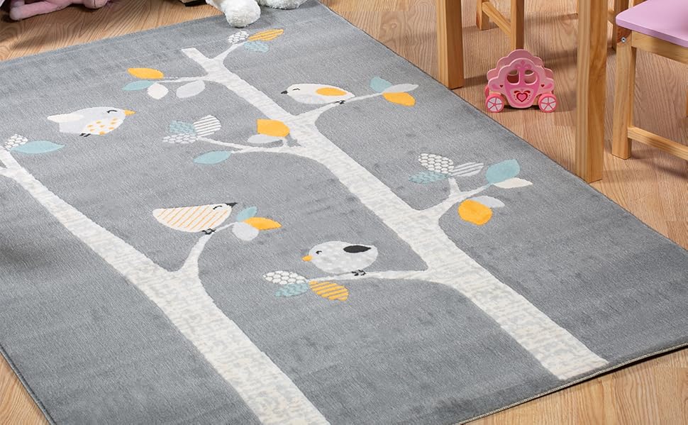 Килимок Domdeco Baby & Children's Rug YLVIE, висотою 7,5 мм з коротким ворсом, з мотивом птаха, для дитячої/дитячої/ігрової кімнати, з синтетичних волокон, темно-сірий 120x170см Сірий 120 x 170 см