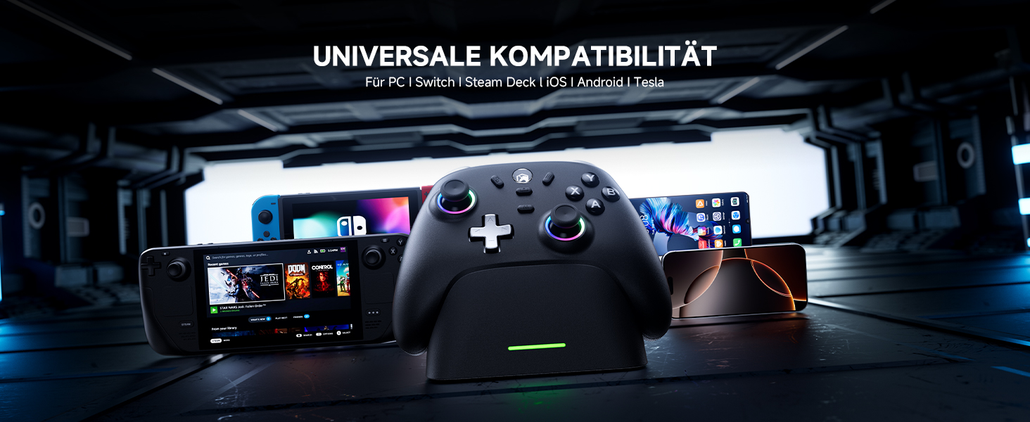 Ігровий бездротовий контролер ECHTPower для PC, Switch, Steam Deck, Android, iOS — RGB підсвітка, Hall-джойстики, Turbo, вібрація, акумулятор 800mAh (Чорний)