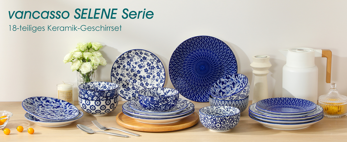 Набір кавових чашок Vancasso Selene, 6 шт., 360 мл, порцеляна, блакитно-білий вінтажний дизайн