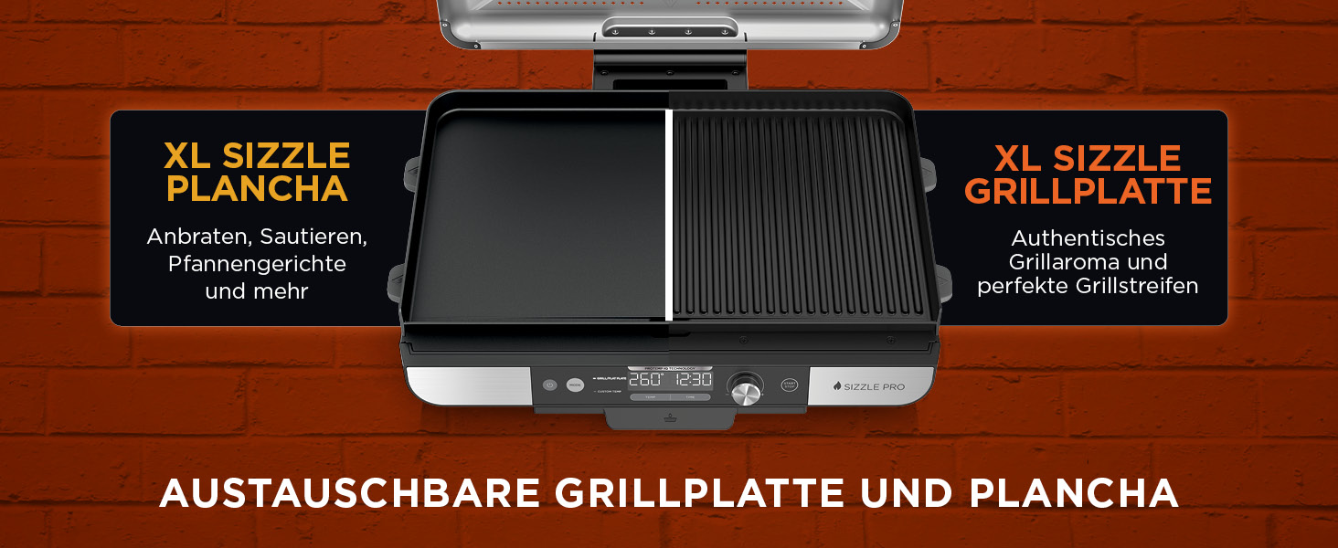 Ninja Sizzle Pro XL: гриль та плоча для дому з антипригарним покриттям, збірний, з піддоном для жиру та рецептами, срібно-чорний, GX101EU XL