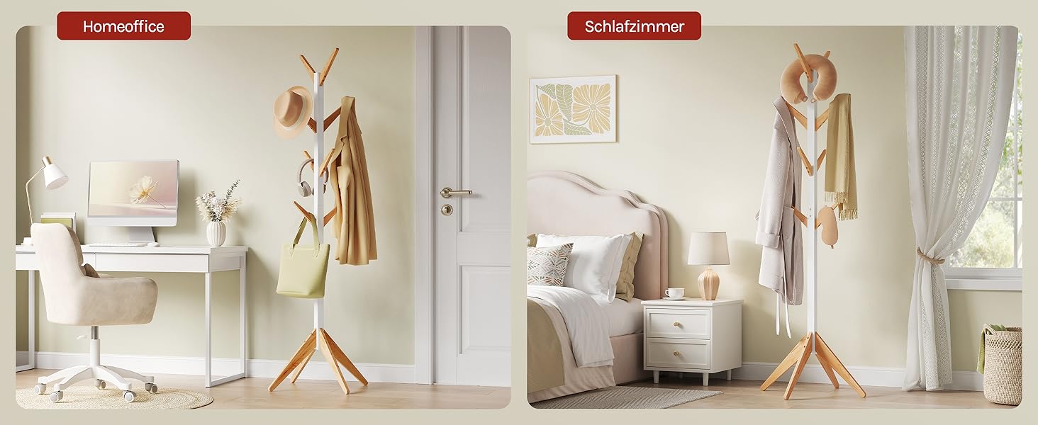 Вільхувана вішалка для одягу WOLTU з 8 гачками, дерев'яна, 180 см, білий+натуральний колір