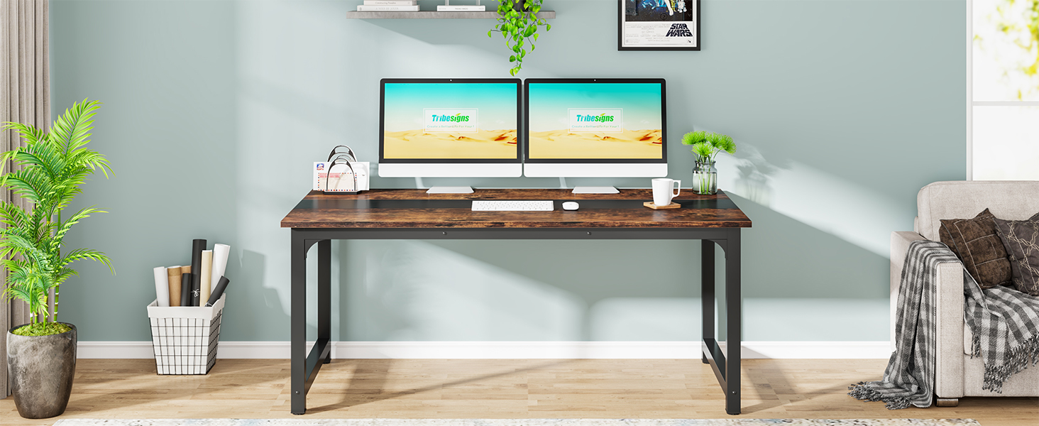 Стол Tribesigns 160 x 80 см: Комп'ютерний, офісний, для робочого кабінету, сучасний, вінтажний, коричнево-чорний