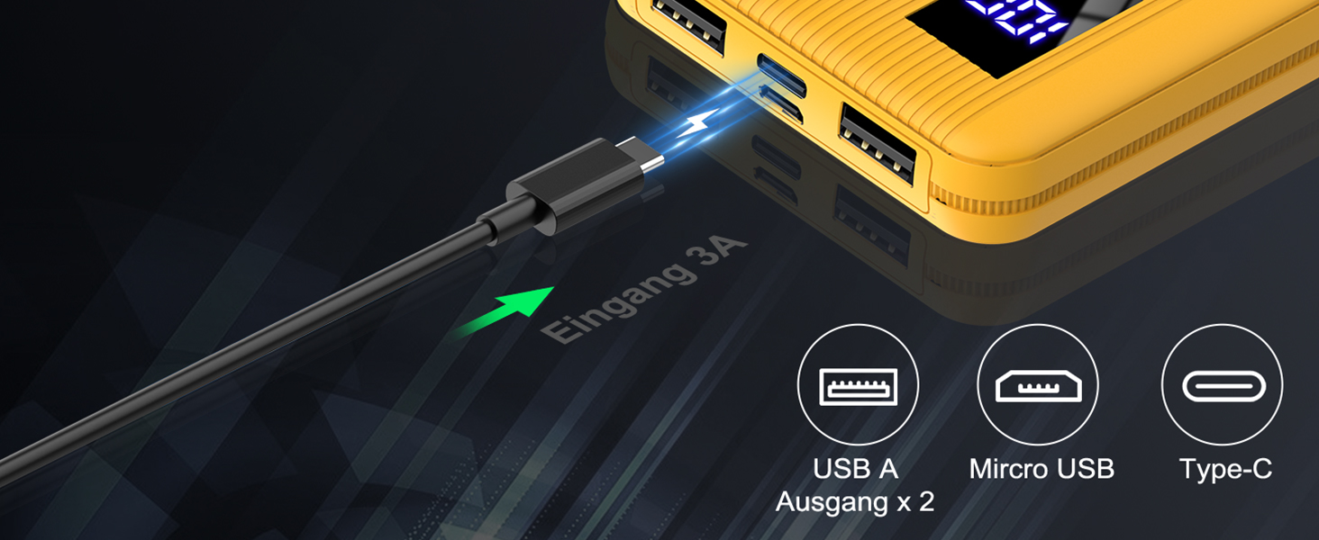 Маленький і потужний, USB-C, LED-дисплей, 2 виходи USB, Micro USB, портативний (жовтий), 10000mAh