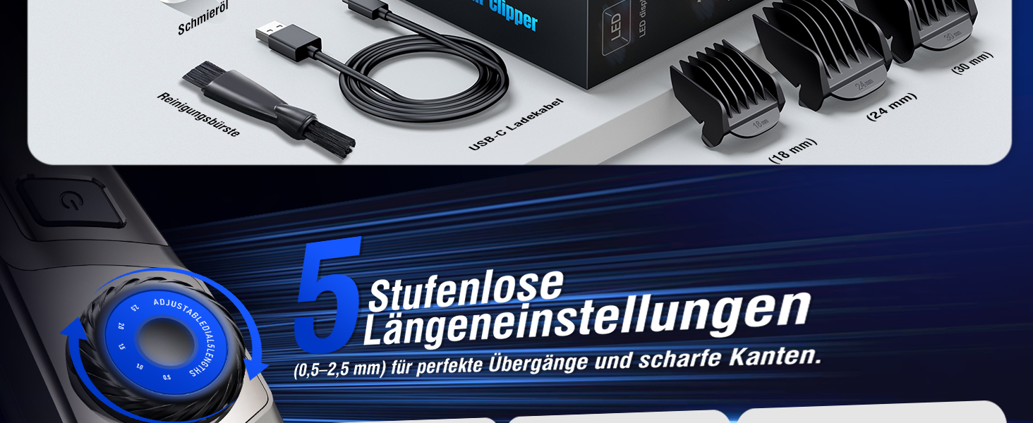 Професійна машинка для стрижки волосся з USB-C зарядкою, тример для чоловіків з LED дисплеєм, водонепроникний IPX6, тиха (<65 дБ), набір для перукарів вдома та в салоні