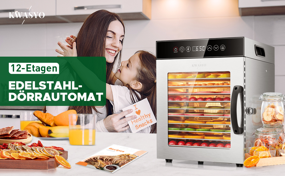 Сушарка для продуктів Kwasyo Edelstahl 750W, 12 ярусів, професійна, з таймером, регулюванням температури та захистом від перегріву + книга рецептів