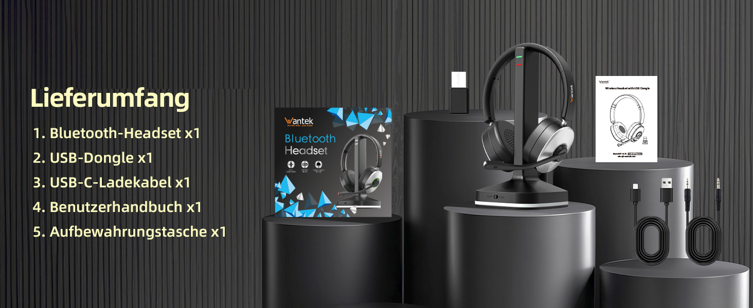Бездротова гарнітура Wantek з мікрофоном та зарядною станцією, Bluetooth-навушники з USB-адаптером для кол-центру, офісу, Zoom, Skype та Teams, чорно-сріблясті