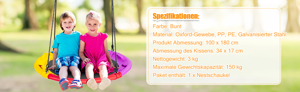 Шоукель-гніздо COSTWAY з подушкою та ручками, дитяча гойдалка з регульованим тросом 100-180 см, вантажопідйомність до 150 кг для дітей та дорослих, для використання в приміщенні та на вулиці, кольорова