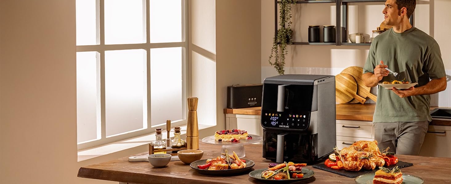 Аерофритюрниця Cecotec Cecofry DuoLevel 12000 Window: безмасляна фритюрниця з двома чашами по 6 л (загалом 12 л), 2900 Вт, сенсорна панель, вікно перегляду, 10 програм, чорна
