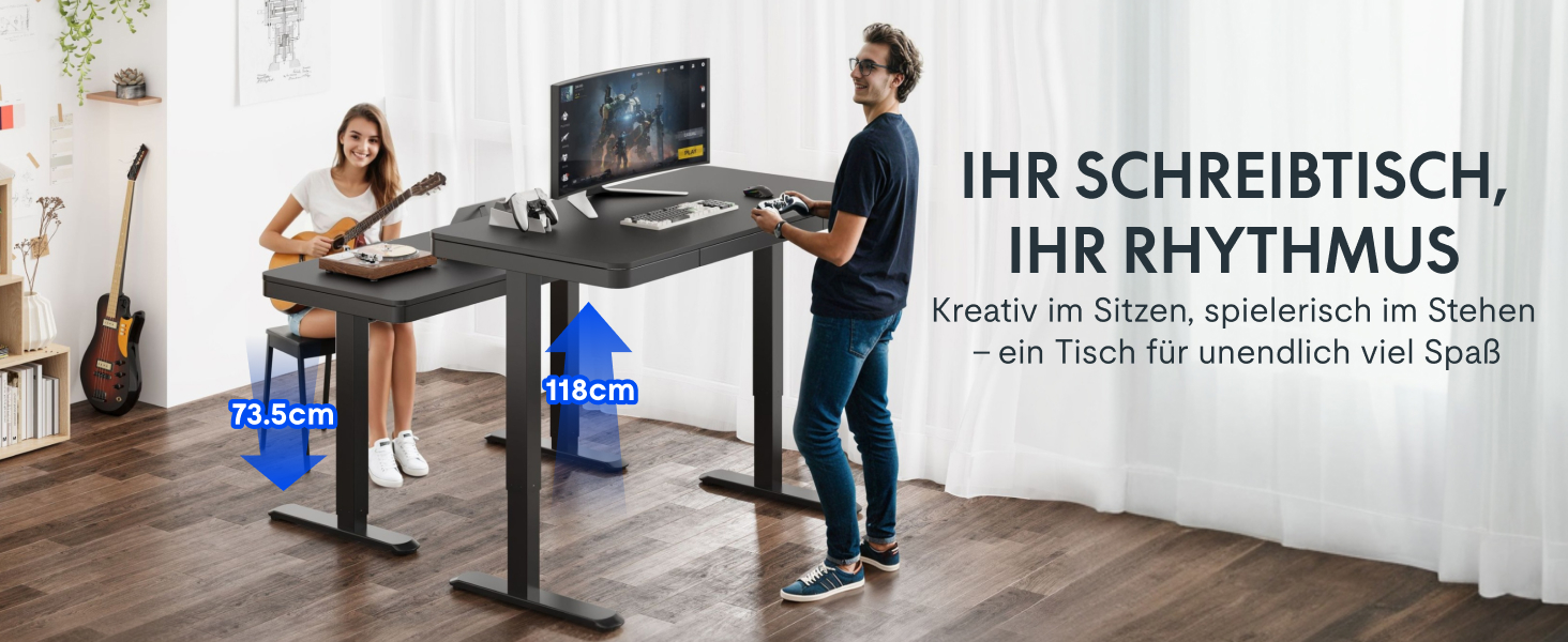 Електричний регульований стіл FLEXISPOT з підйомною функцією, USB-порт, ящик для зберігання та скляною стільницею (сніжно-білий), 140 x 70 см, Luxusschwarz