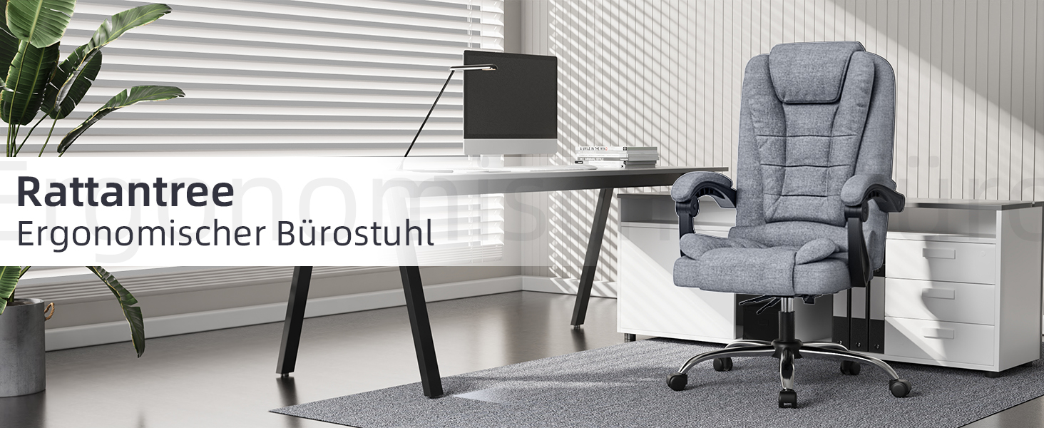 Офісний крісло Rattantree з підніжкою, ергономічний, для комп'ютера, з підлокітниками, регульоване по висоті, для керівника, тканинне (сірий, без підніжки)