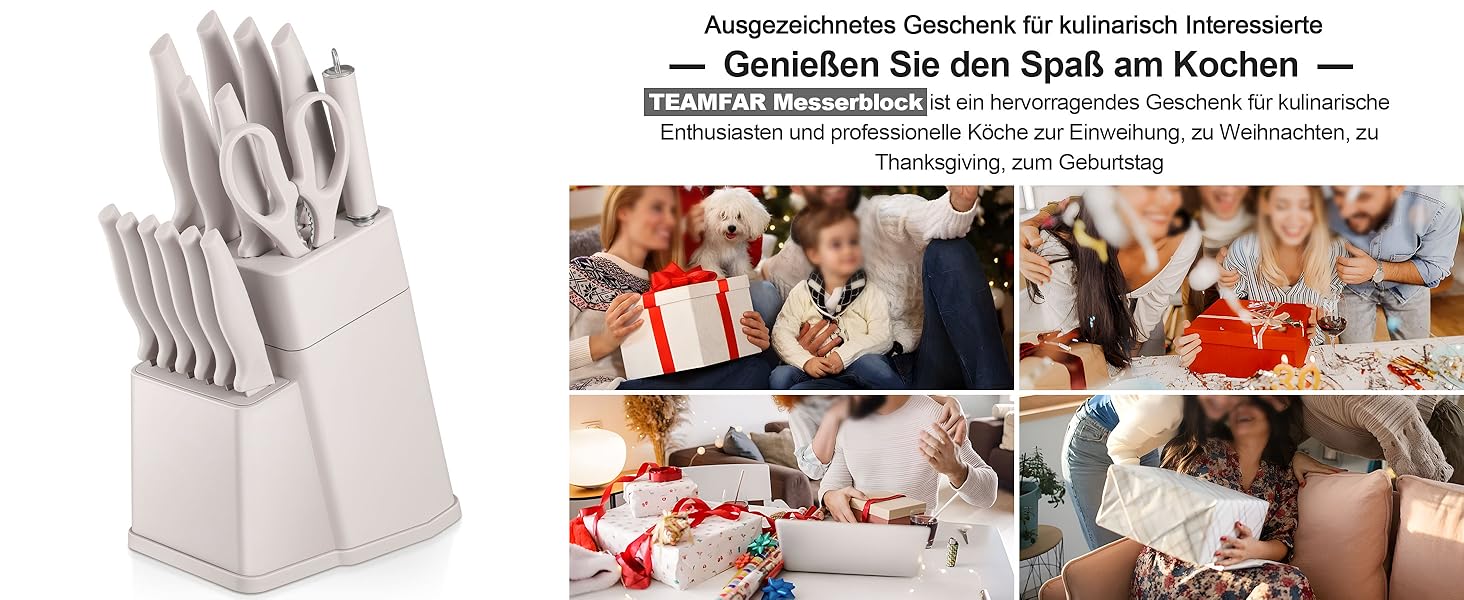 Набір кухонних ножів TEAMFAR з підставкою, 15 предметів, нержавіюча сталь, з точильним каменем, антипригарне покриття, для нарізки, подрібнення, колір хакі