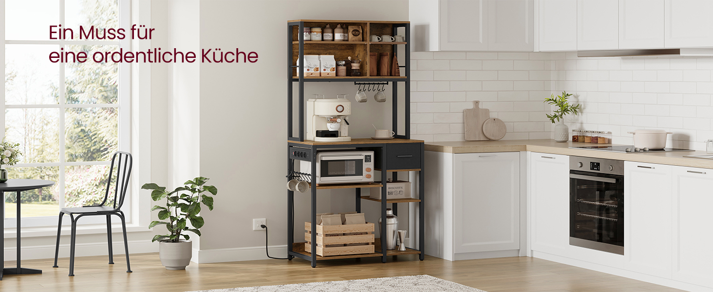 Стелаж для кухні VASAGLE з розетками та полицями, 80x40x180.4 см, кухонний стелаж з висувною шухлядою та 12 гачками, регульовані полиці, колір: вінтажний коричневий/чорний (KKS015K03)