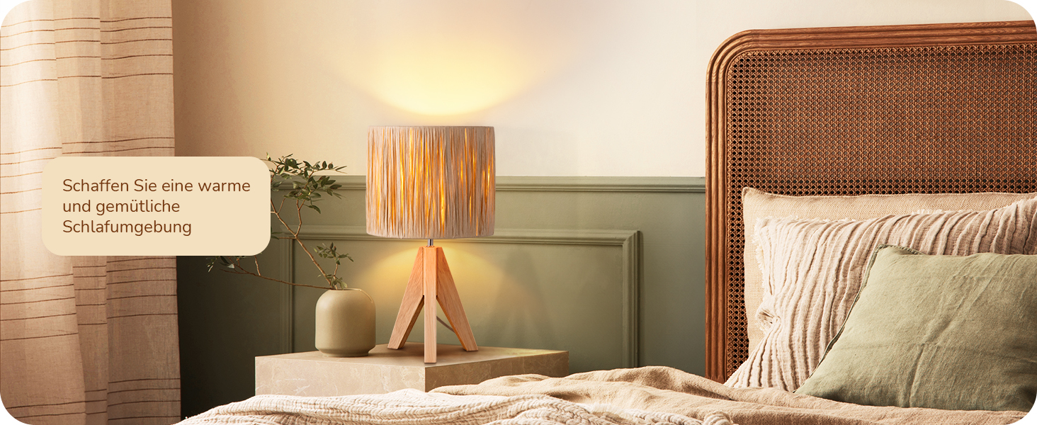 EDISHINE Настільна лампа з ручним плетінням, тепле світло 2700K, дерев'яний штатив, Boho стиль, для спальні, вітальні, готелю, з LED лампою E27 4W, абажур з ротангового паперу