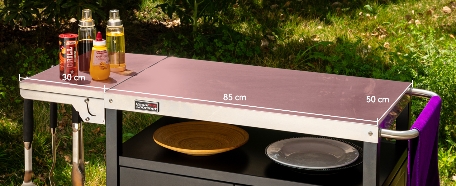 Royal Gourmet Grillwagen: гриль-візок з відкидним столиком, шафкою та нержавіючою сталевою поверхнею