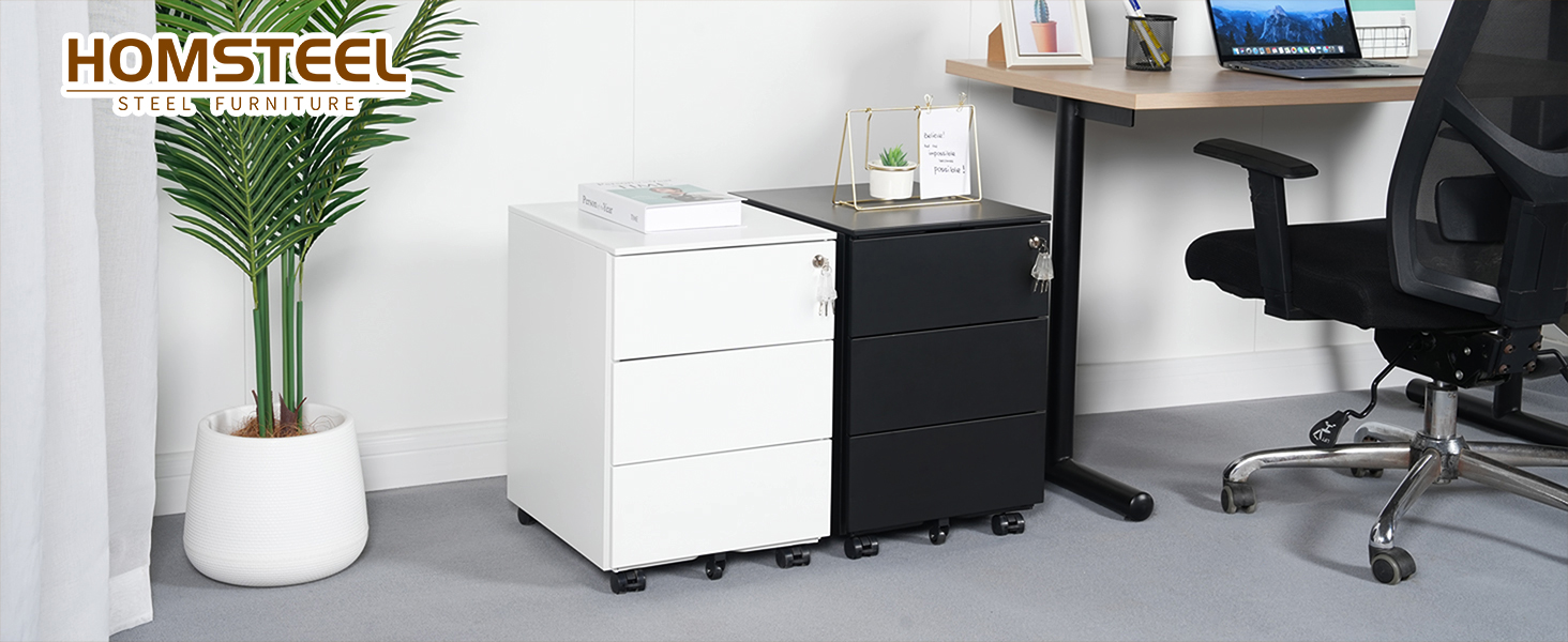 Роликовий контейнер HOMSTEEL з замком, 4 шухляди, металевий шафа, готовий до використання, для офісу та дому, білий (3 шухляди (44T x 37B x 60H cm), чорний)