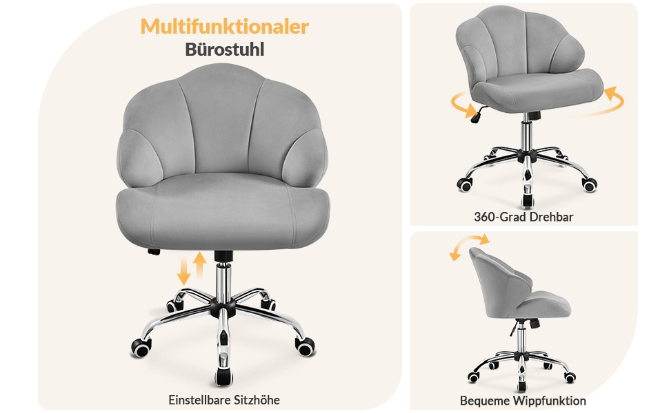 Крісло для дому та офісу Yaheetech, крісло для макіяжу, офісне крісло з регулюванням висоти, поворотне, з м'якою спинкою у формі мушлі, на коліщатках, з велюру, до 136 кг, білий (світло-сірий)