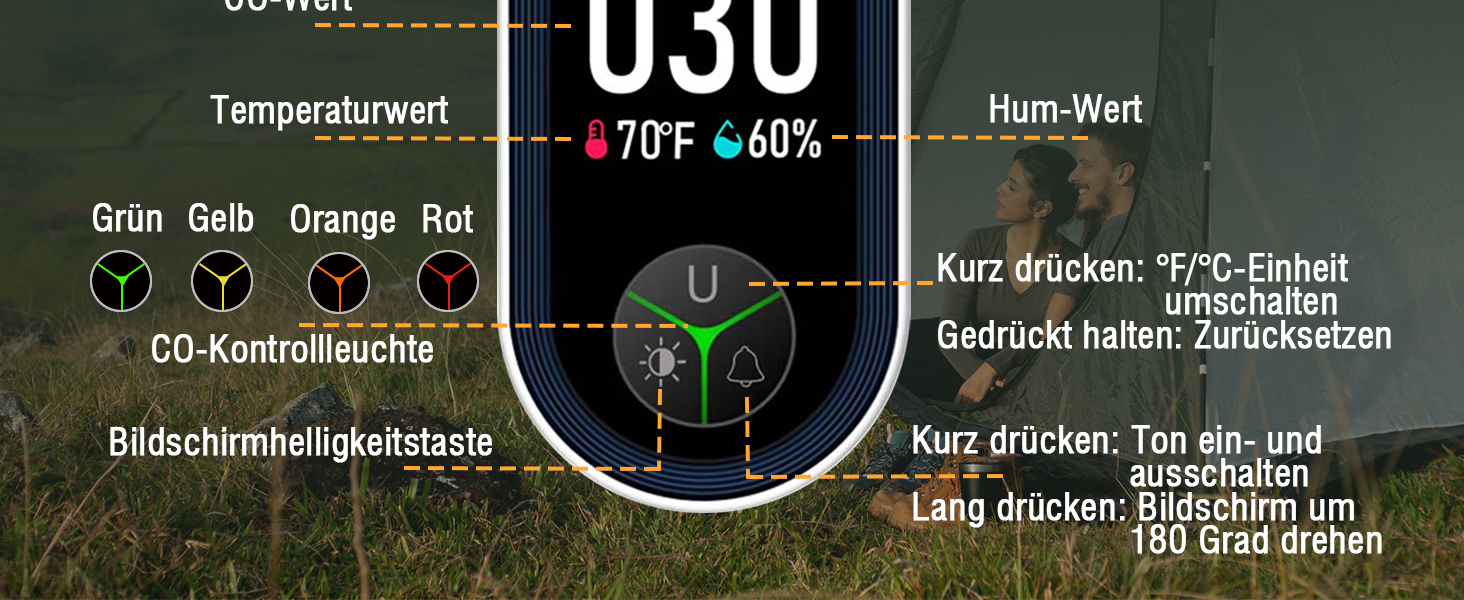 Виявлювач CO з HD-дисплеєм для дому та кемпінгу: 3-в-1 (CO, температура, вологість)