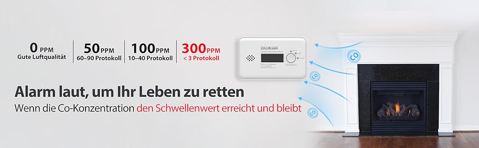 Детектор чадного газу з батареєю на 10 років, CO детектор, сертифікат TÜV, LCD дисплей, кнопка тестування/відключення, EN 50291 (автономний)