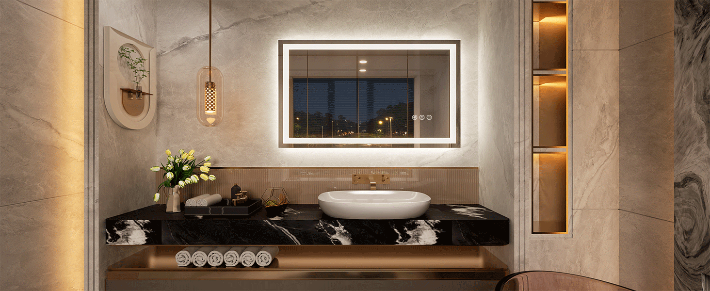 LED дзеркало для ванної кімнати 60x80 см з підсвічуванням, сенсорне керування, регулювання яскравості, 3 кольори світла, антизапар, IP44, вертикальна/горизонтальна орієнтація