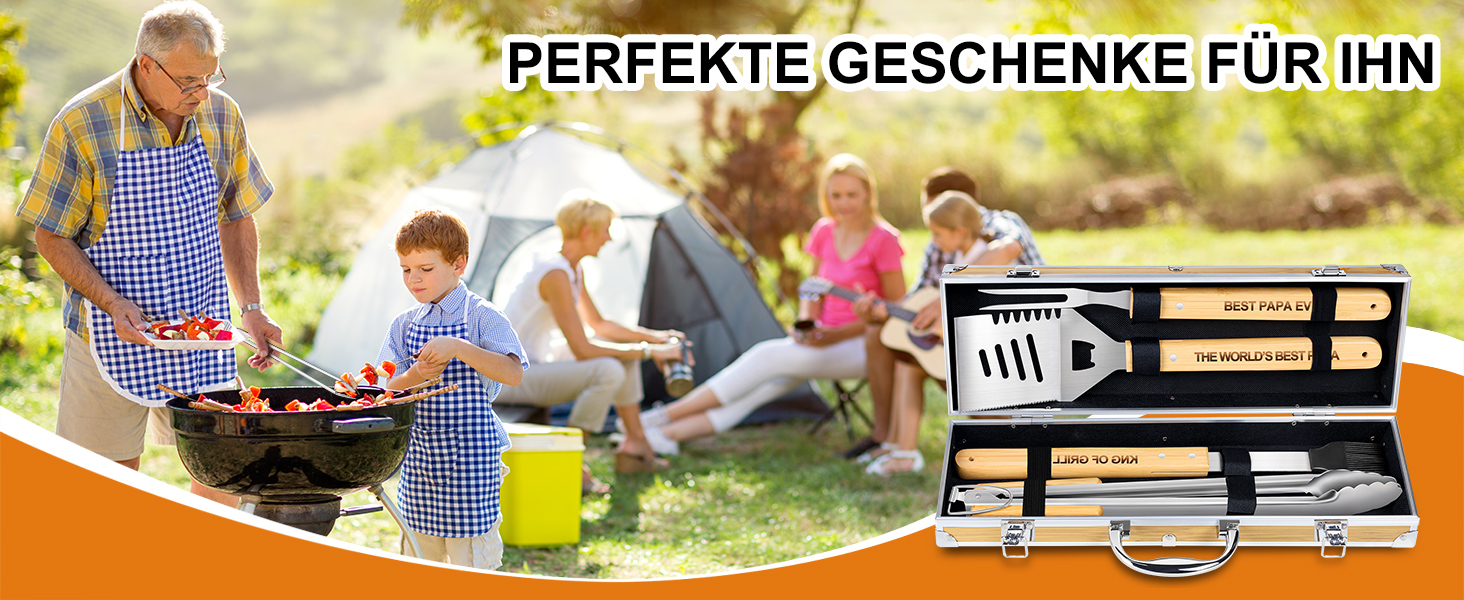 Набір барбекю Papa Geschenke: 4 шт. з нержавіючої сталі, аксесуари для гриля, подарунок для чоловіків, день народження, преміум-якість, набір інструментів для гриля в кейсі для саду та кемпінгу
