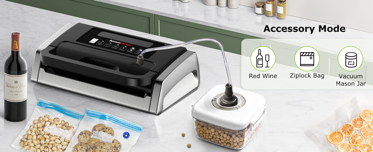 Вакууматор Bonsenkitchen для продуктів, потужний вакуумний пакувальник 15л/хв, з інтегрованим різаком та ручкою-фіксатором, чорний (комплект з 100 пакетами)