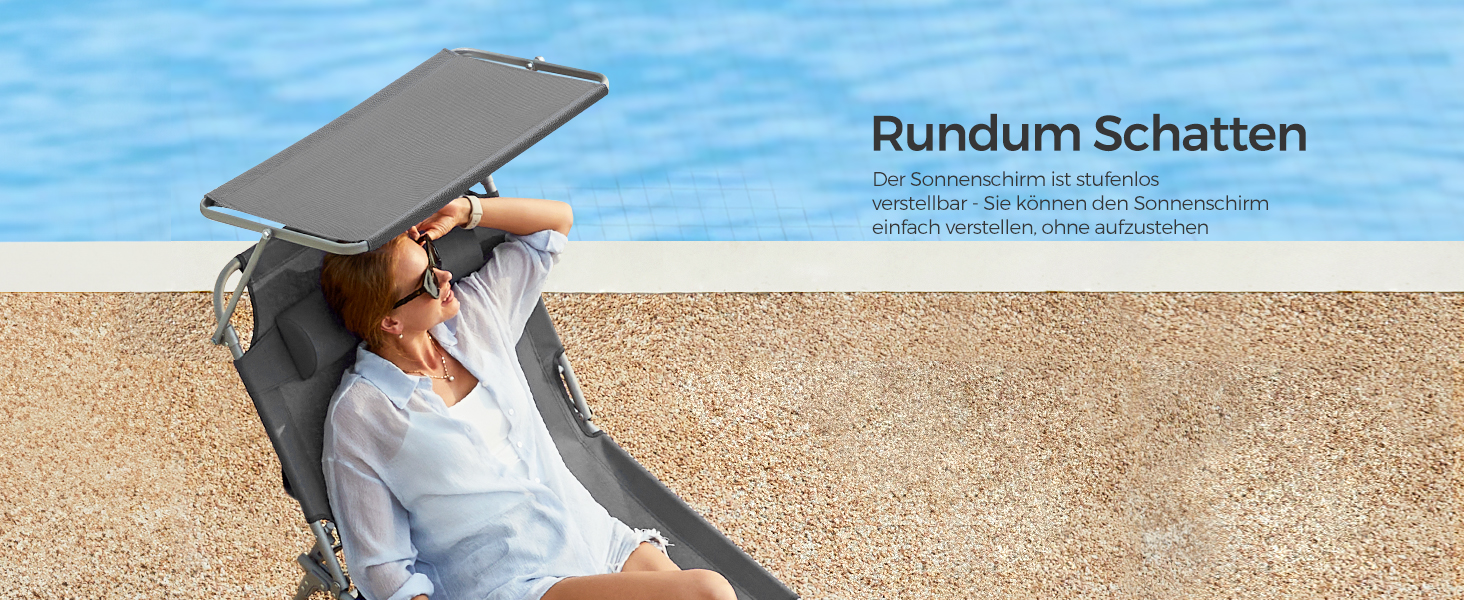 Лежак для відпочинку SONGMICS - великий, складаний, з сонцезахисною козирком та регульованою спинкою, 200 x 71 x 38 см, вантажопідйомність 150 кг, для саду, басейну, тераси, темно-сірий