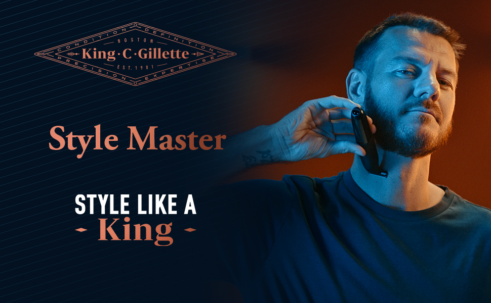 Тример для бороди KING C. Gillette Style Master, акумуляторний, 4D-лезо, зі зволожуючим кремом, вітаміном B3