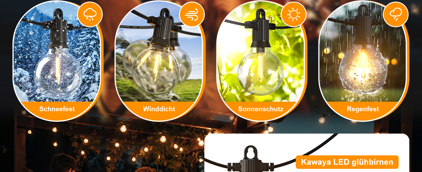 Льотна гірлянда Kawaya 10 метрів, LED, для вулиці, з 15+1 лампочками, IP65, вологостійка, тепле світло, для балкона, тераси, саду, вечірки, вологостійка