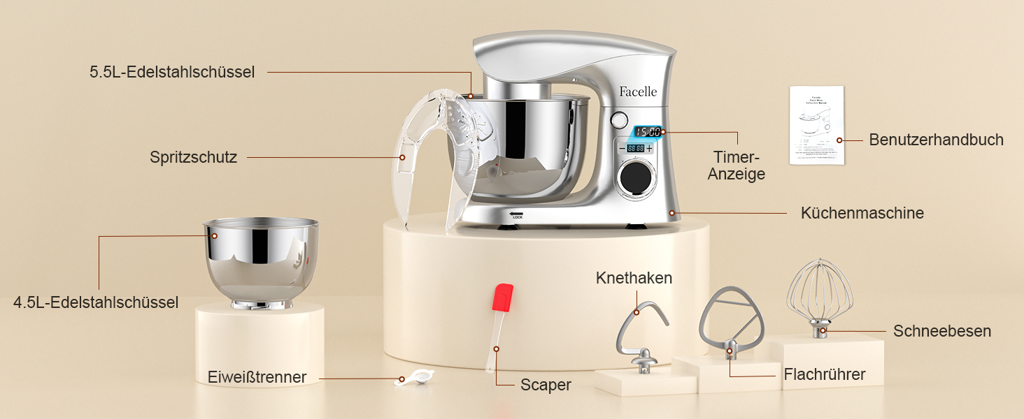 Кухонна машина-міксер Facelle 1500W з 5.5L та 4.5L чашами, 10+ програм, тиха робота, срібна