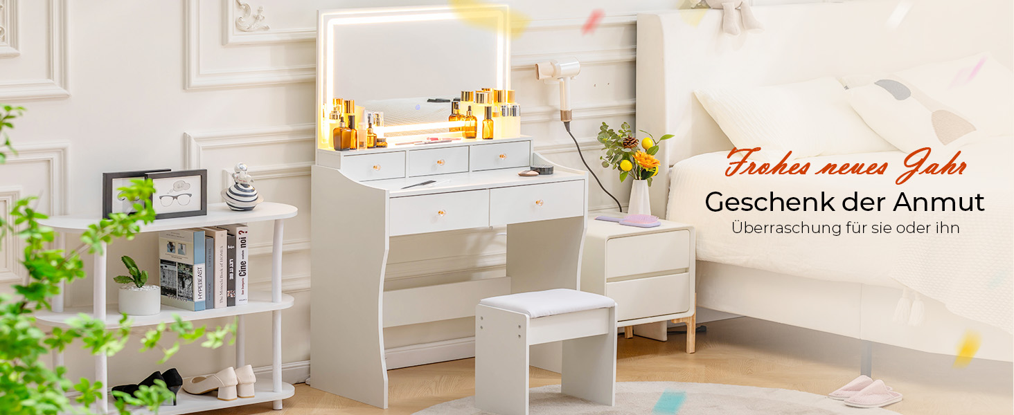 Трюмо COMHOMA з підсвічуванням, дзеркалом та прихованою LED-смугою, зі стільцем та 5 висувними ящиками, з розеткою, 3 колірні температури та регульована яскравість, білий