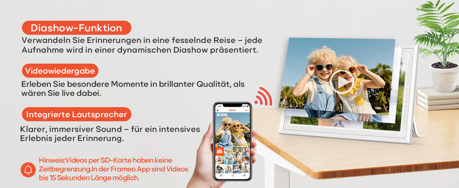 Frameo: Цифровий фоторамка 10.1 дюйма, HD 1280*800 IPS, сенсорний екран, 32GB, автоповорот, Frameo App