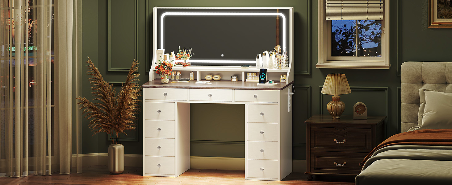 Дзеркальний туалетний столик Dripex з підсвічуванням, 11 шухляд, великий LED-дзеркало, розетка, регульована яскравість, білий (110см, вінтажний коричневий)
