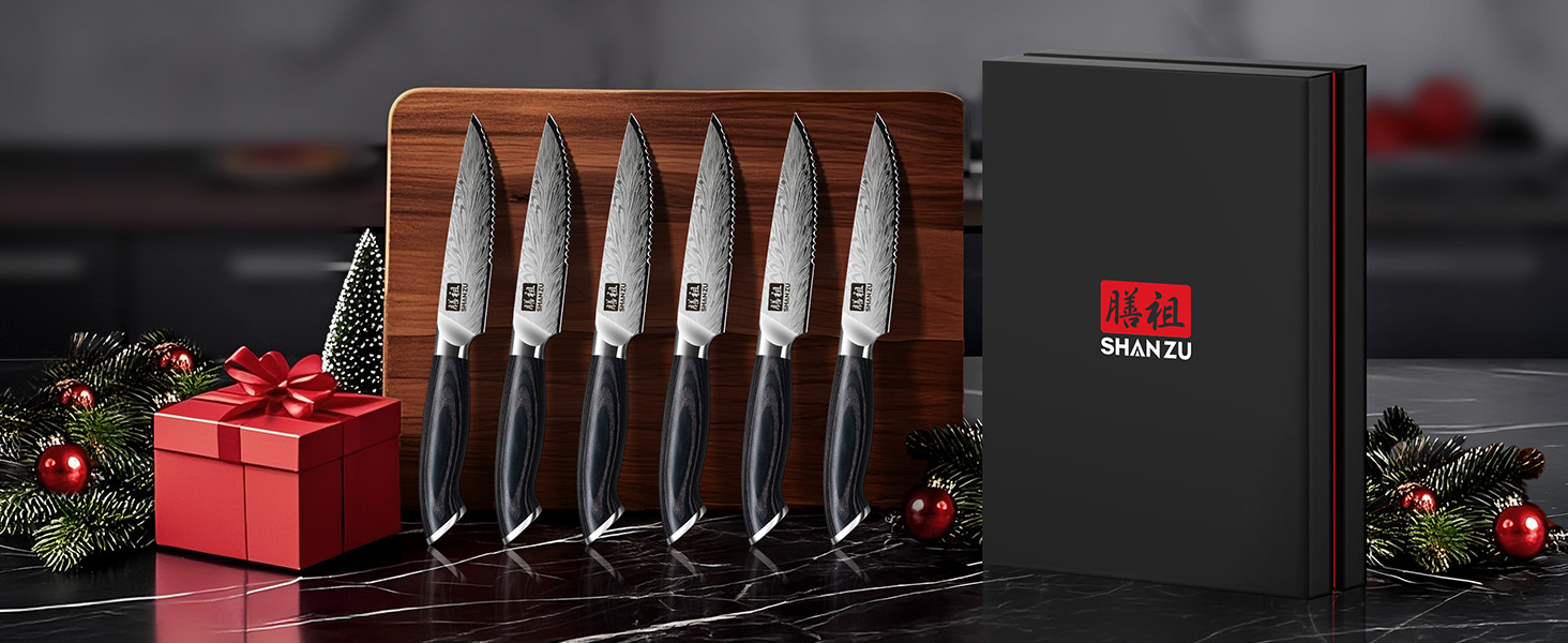 Японський ніж для кухні SHAN ZU з порошкової сталі, професійний ніж шеф-кухаря з високим вмістом вуглецю, з ергономічною ручкою з паккавуда (набір з 6 ножів для стейку, 11.5 см)