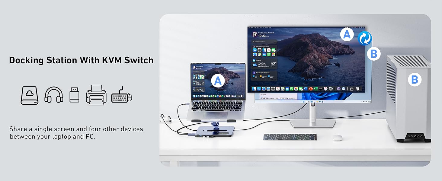 Підставка для ноутбука BENFEI з алюмінію з USB-C док-станцією 6в1, 15W Mag-Safe зарядкою, USB 3.0 KVM Switch, HDMI 4K@60Hz, 4*USB3.0, 100W PD для MacBook Pro/Air iPad Pro XPS Thinkpad